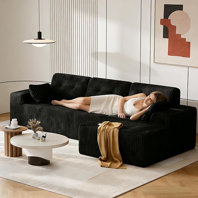 Ball & Cast 106'' Convertible Sectional Sofa for Living Room,Modern Modular L-Shaped Couch,Boneless Comfy Corduroy Fluffy Couch with Deep Seat,Hight Weight Capacity,Right Facing Chaise (Black)