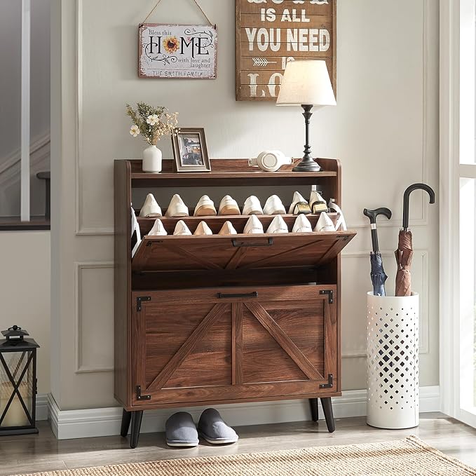 Barnyatoh Shoe Storage Cabinet with 2 Flip Drawers, Farmhouse Hidden Shoe Organizer, Narrow Slim Shoe Rack Cabinet for Entryway Hallway,Walnut by Barnyatoh