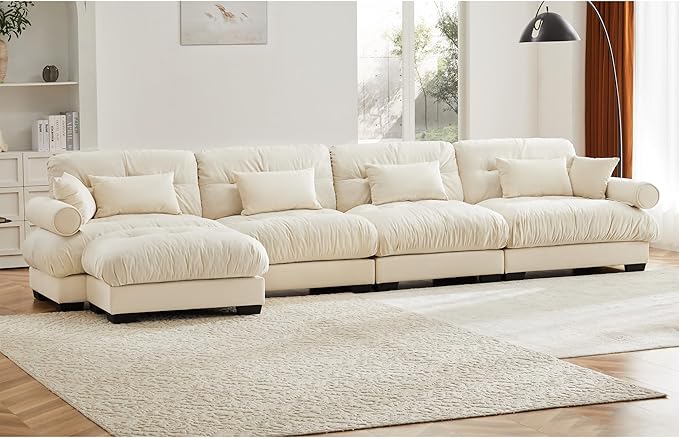 KEIKI 166" L-Shaped Oversized Velvet Modular Sectional Sofa with 1 Ottoman, High-Density Foam Cushions and Bolstered Armrests, Upholstered 4-Seater Cloud Couch with 6 Pillow, for Living Room, Cream