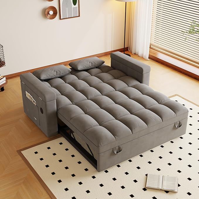 Convertible Sofa Bed, 5-in-1 Pull Out Couch with Side Table, Loveseat Sleeper Sofas Bed Couch with USB Port, 65‘’ Velvet Pull Out Sofa Beds for Living Room, Bedroom, Apartment