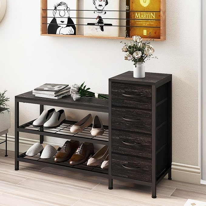 EXOTICA 3 Tier Entryway Bench Shoe Storage Bench with 4 Fabric Drawers Metal Frame and Wooden Board Shoe Rack Bench with Seat for Entryway Hallway Front Door Doorway - Image 2