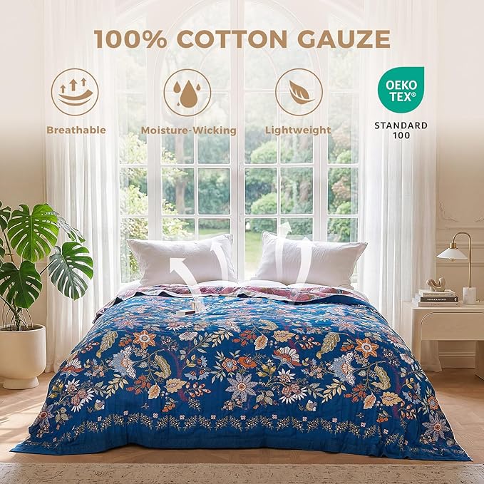 LUTBM Boho Throw Blanket for Couch Sofa Chair Cotton Spring Blankets for Bedroom Living Room All Season Lightweight Reversible Floral Embroidery Throws 50"x60"