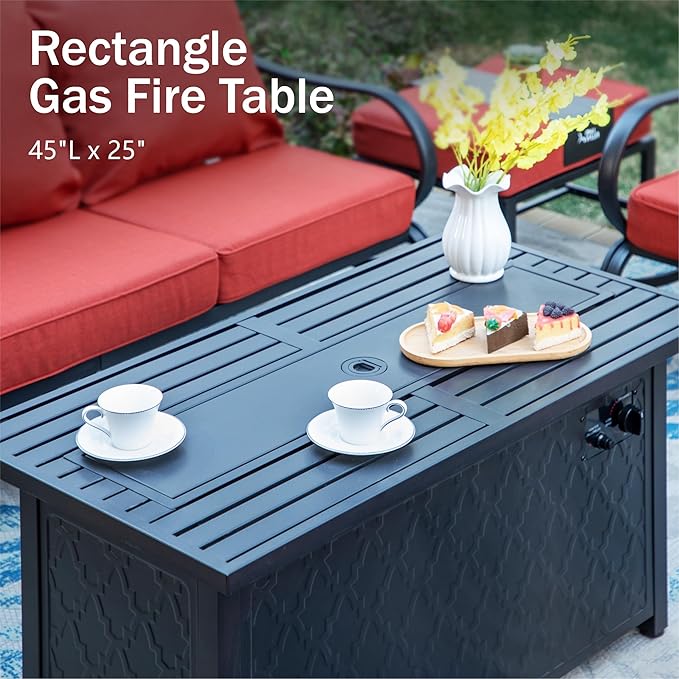 PHI VILLA 8 PCS Patio Furniture Set with Fire Pit Table,Metal Outdoor Furniture with 1 x 3-Seat Bench Sofa, 2 x Swivel Sofa Chairs, 2 x Leg Chair & 2 x Ottoman, Modern Patio Set, Red