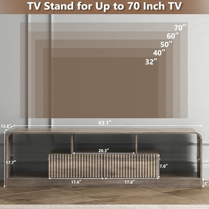 TV Stand for 60/65/70 Inch TVs, Modern Curved TV Console with LED Lights, 2 Drawers & Glass Shelves, Living Room Entertainment Center - Image 2