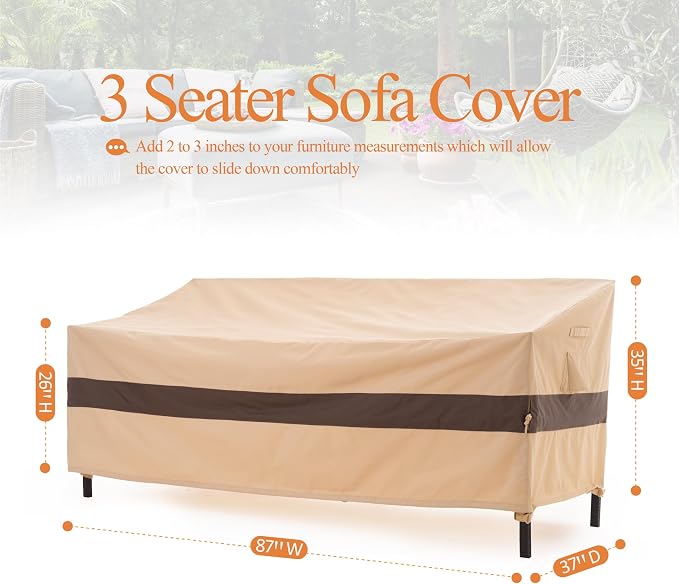 WJ-X3 3-Seater Outdoor Sofa Cover, Heavy Duty Patio Sofa Cover, Outdoor Couch Cover Waterproof, High Wind Resistant Design for Patio Couch Cover, 87W x 37D x 35H, Beige & Coffee - Image 6