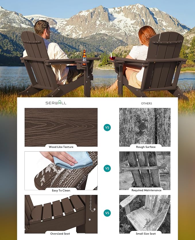 SERWALL Adirondack Chair with Cup Holders - Composite Adirondack Chairs Set of 2 HDPE Outdoor Chairs All Weather Use- Coffee - Image 5