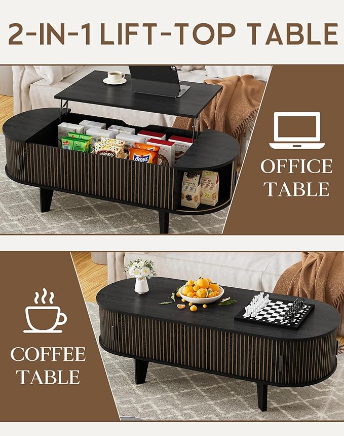 47.2" Oval Lift Top Coffee Table with Storage, Wood Fluted Coffee Table with 180° Sliding Tambour Door, Mid Century Modern Center Table for Living Room, Office, Black