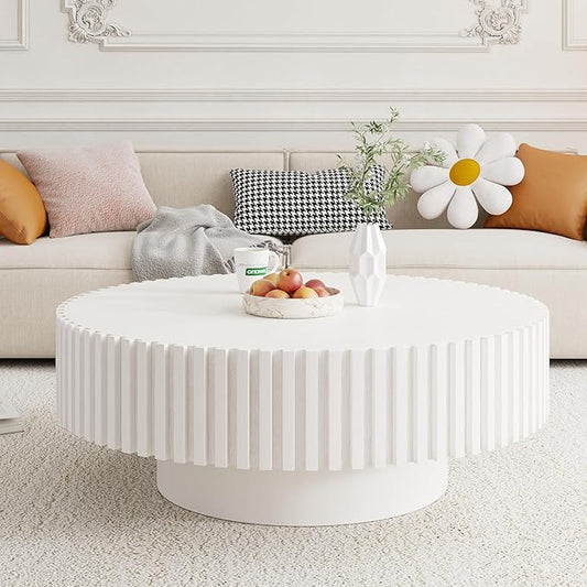 39.37" White Round Coffee Table Wood, Modern Unique Circle Coffee Table, Contemporary Drum Fluted Coffee Table Accent End Side Table Center Table for Living Room, Small Space, Apartment