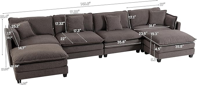Eafurn 150" Oversized Modular Sectional Sofa with Movable Ottomans, 6 Seat Modern Corduroy Sofa Set, Convertible U/L Shaped Corner Couch for Living Room Apartment