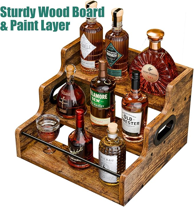 KLM Liquor Bottle Display Shelf, Coffee Syrup Rack Organizer, 3 Step Countertop Liquor Wine Rack, mini bar,liquor cabinet, Home Retro Bar Shelf Stand for Liquor Whiskey, Spirits - Image 7