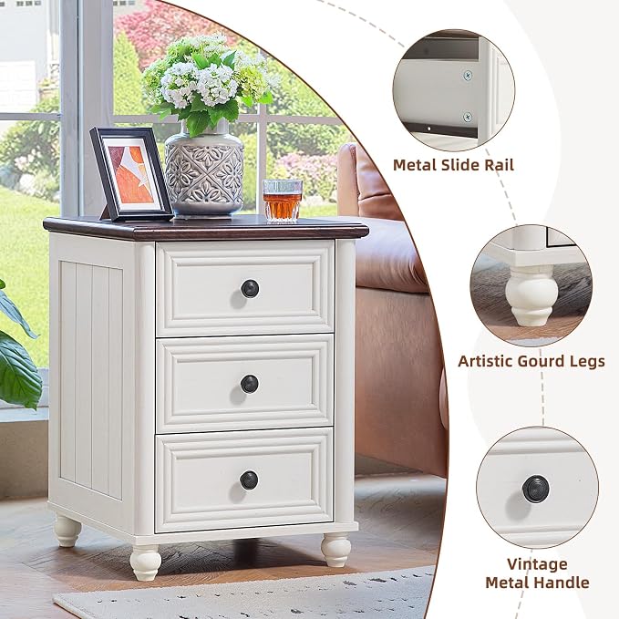 RWYHG 18" Farmhouse Night Stand, White Wood Nightstand with 3 Drawers, Bedside End Table with Storage and Roman Column, Bed Side Tables Cabinet for Bedroom, Living Room, and Closet - Image 8