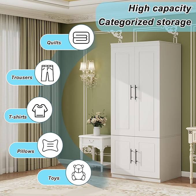 Armoire Wardrobe with Mirror, Bedroom Armoire Cabinet with Storage, Wood Closet with Hanging Rod (White - 52)