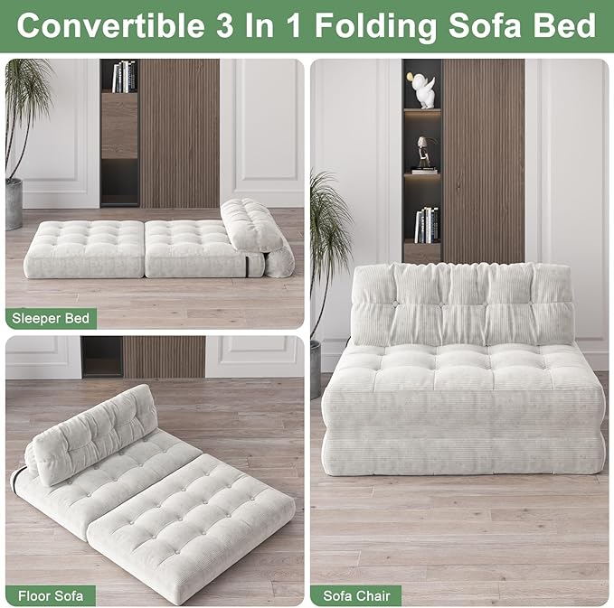 GarveeHome Folding Sofa Bed, Floor Folding Couch with Pillow, Futon Sofa Bed Convertible Sleeper Chair Foldable Mattress Back Support, Portable Fold Out Couch, Full, Corduroy, Beige