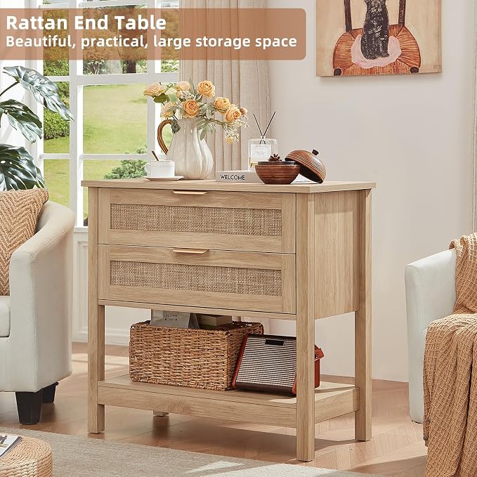 LEYAOYAO 31.5" Wide Rattan Night Stand, Oversized Large Boho Nightstand with 2 Drawer, Natural Wood Bed Side End Tables with Storage Shelf, Tall Bedside Table for Bedroom Living Room, Hallway - Image 8