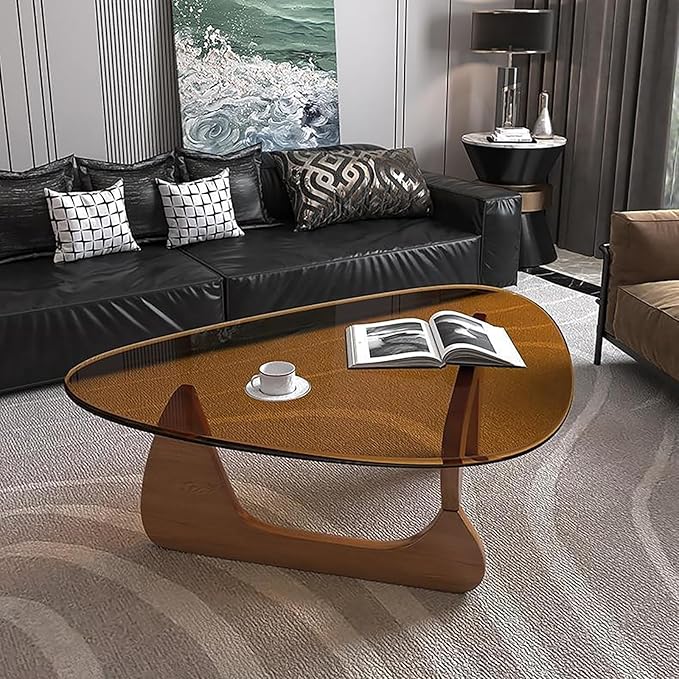 Mid Century Modern Glass Coffee Table, Coffee Table for Living Room, Noguchi Coffee Tables,Suitable for Bedroom Living Room Reception Office Tables (Walnut/Brown, ML)
