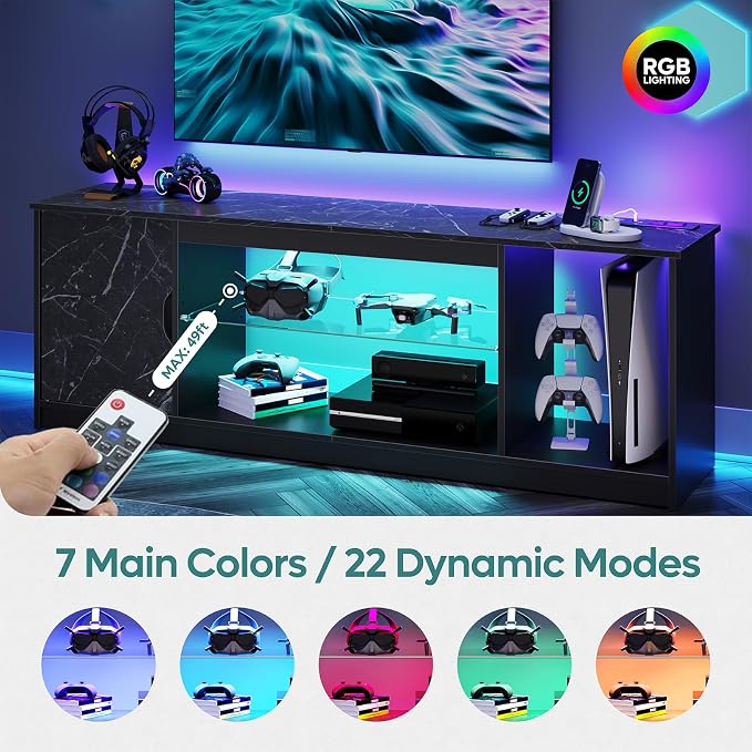 Bestier TV Stand with Power Outlets for Bedroom, Gaming TV Stand for 65inch TV, Black Entertainment Center for PS5, TV Console with Adjustable Glass Shelves for Living Room, Black Marble - Image 3