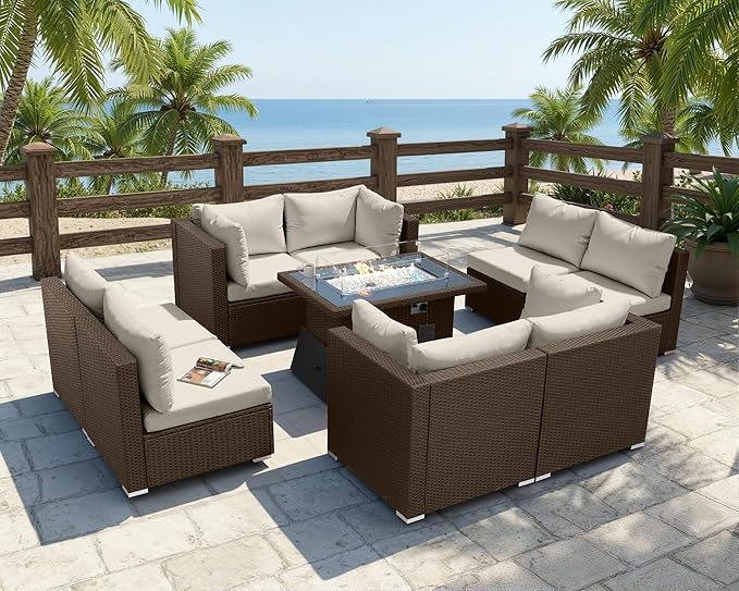 BULEXYARD 9 Pcs High Back Outdoor Sectional Set with Firepit Table, High-End Patio Furniture Seating Set, Big Oversized Wide Deep Modular 8-Seater Couch Sofa for Backyard, Brown Wicker & Teal Cushion
