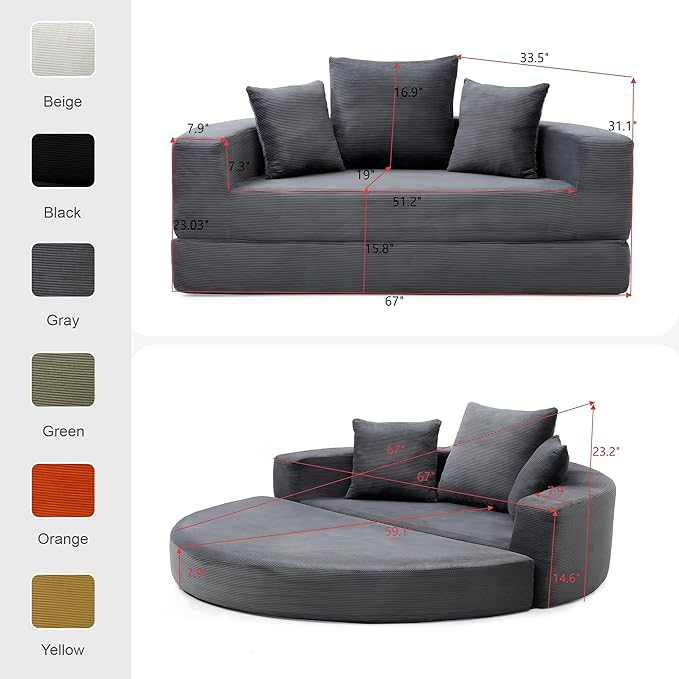 Casaphoria 67'' Wide Convertible Sofa Bed,Large Fold-Out Floor Couch with Comfy Back Pillows,Multi-Functional Sleeper for Living Room,Guest,Studio(Gray)