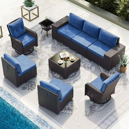 Gotland 9 Pieces Patio Furniture Set with 2 Swivel Chairs, 7-Seater Patio Furniture in 4 Combinations with Wide Armrests 29.5'' High Backrest, Wicker Outdoor Sectional for Deck Garden Pool Navy
