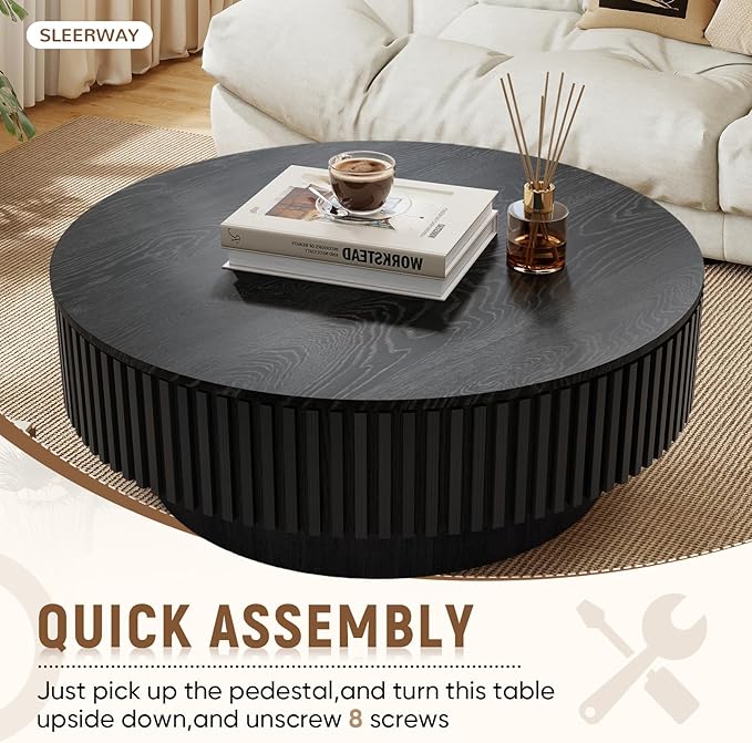 39.37'' Round Coffee Table with Storage, Modern Wooden Fluted Circle Coffee Table Unique Drum Center Table Wood Circular Tea Table for Living Room, Small Apartment, Office, Black