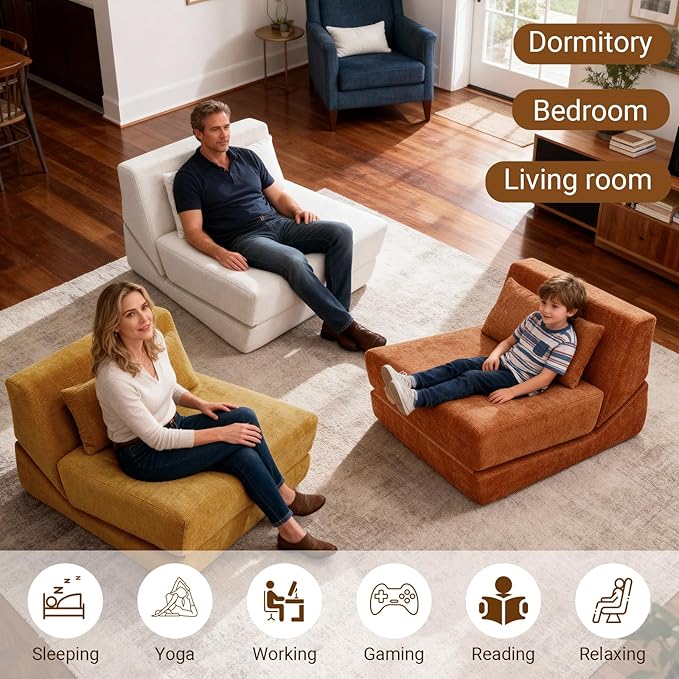 Folding Sofa Bed Chair, Convertible Sleeper Sofa Couch Bed w/Pillow, Lounge w/Back Support & Washable Cover for Living Room, Bedroom, Apartment, Office (Yellow) | With ashable cover, Foldable chair bed