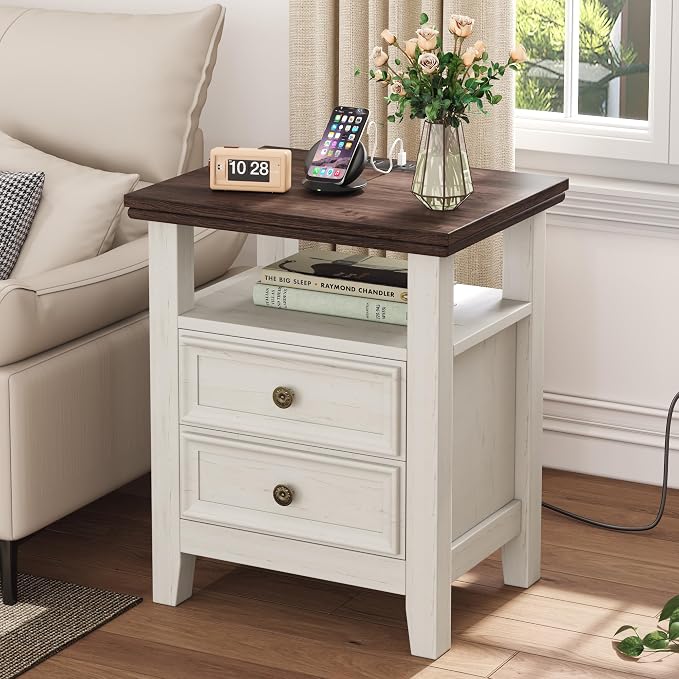 BOSHIRO Antique White Nightstand with Charge Station,Sofa End Table with 2 Drawers & Storage Shelf, Wooden Bed Side Table with USB Ports & Outlets for Bedroom,Home Office by BOSHIROFurniture