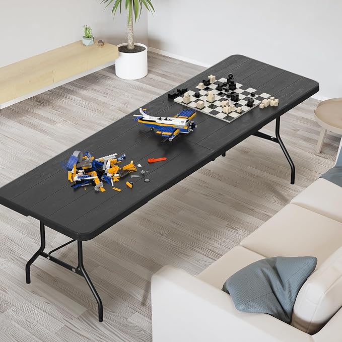 VINGLI 8 Foot Plastic Folding Table Portable Long Table for Indoor Outdoor Use Rectangular with Carrying Handle, Black - Image 5
