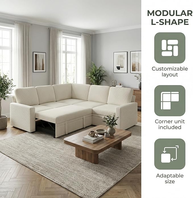 5-Seater Large Sectional Couch with Pull Out Bed, L Shaped Corduroy Sofa with Storage, Convertible Modular Sofa, for Living Room, Apartment, Beige