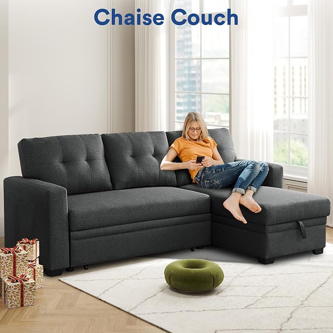 Rovibek 82" Convertible Sofa Bed Couch with Storage - 4 in 1 L Shaped Sofa with Pull Out Couch Bed for Living Room, Apartment, Office, Small Spaces, Dark Grey