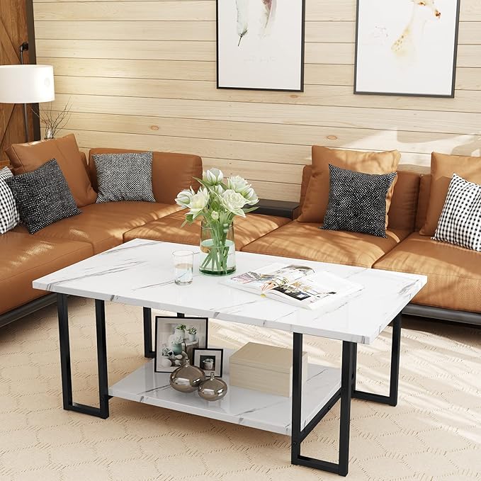 Lamerge Coffee Table, Modern Faux Marble Top Coffee Table with Metal Frame and Storage Shelf, 2-Tier Rectangle Accent Cocktail Table for Living Room, Office (White)