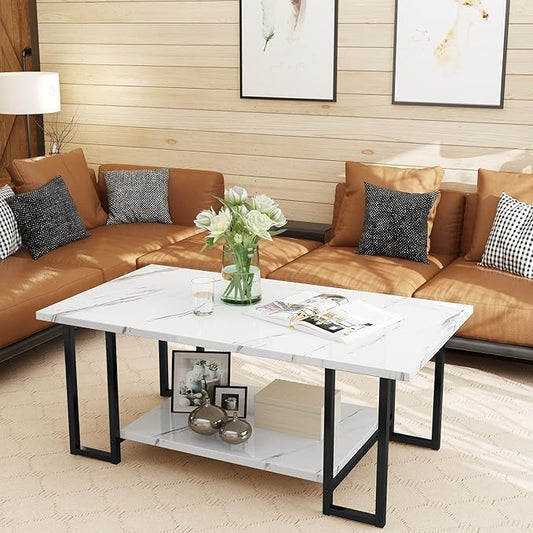 Lamerge Coffee Table, Modern Faux Marble Top Coffee Table with Metal Frame and Storage Shelf, 2-Tier Rectangle Accent Cocktail Table for Living Room, Office (White)