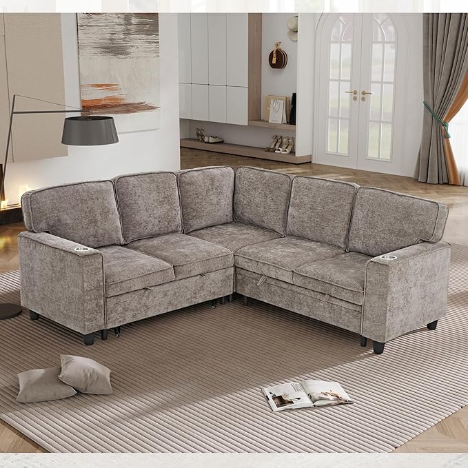 KEIKI 81" L-Shaped Oversized Chenille Modular Sectional Sleeper Sofa with Pull-Out Bed, Storage Seat, Modern 5-Seater Upholstered Couch Bed with Charging Station, Easy Assembly, for Living Room, Brown