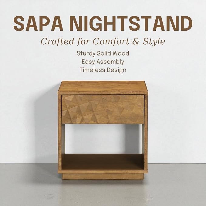 NTC Sapa Solid Wood Nightstand with 3D Carved Drawer Front – Modern Bedside Table with Open Shelf, Easy Assembled - Teak Look - Image 8