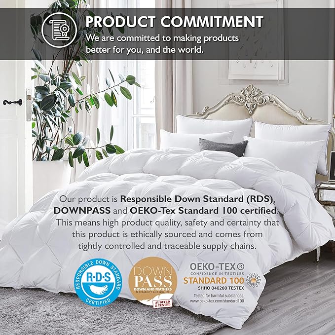 Luxurious Goose Down Feather Fiber Comforter Palatial King Size All-Season Duvet Insert, Premium Baffle Box, 120 x 98 INCHES, 100% Egyptian Cotton Cover, 95 oz Fluffy Fill Weight - White Pinch Pleat