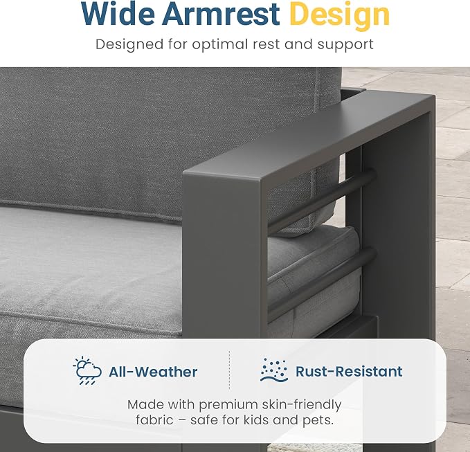 Solaste Aluminum Outdoor Patio Furniture Set, 7 Seats Patio Sectional Sofa with 5" Thick Cushion, Outdoor Patio Set with Coffee Table for Porch, Backyard, Deck, Yard, Grey - Image 4