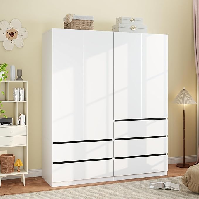 White Armoire Wardrobe Closet with 2 Doors, 75" Bedroom Wardrobe Closet for Hanging Clothes, Modern Wood Storage Closets Cabinet with System (A+B, 63")