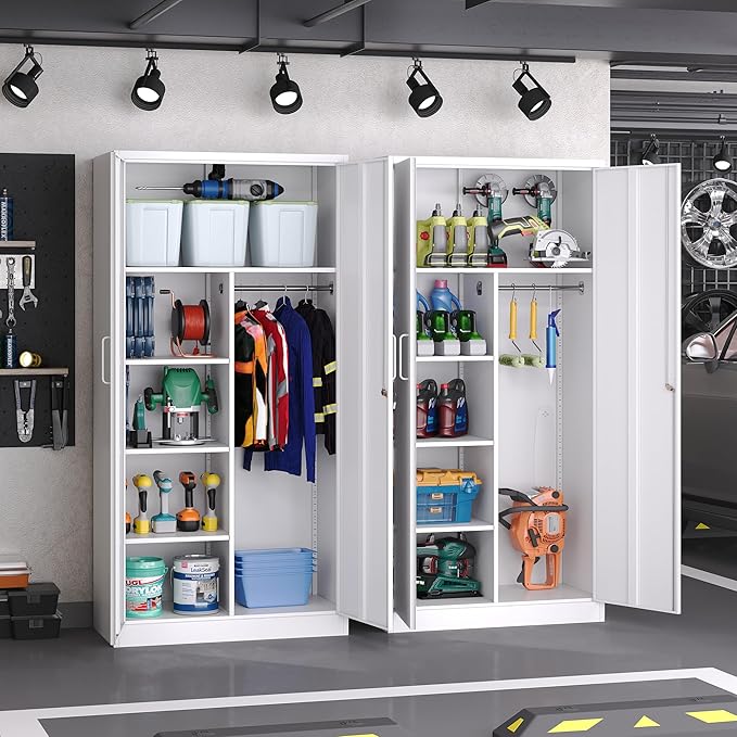 Metal Armoire Wardrobe Closet,72" Metal Storage Cabinet with Lock, 18" D x 36" W Broom Closet with Adjustable Shelves and Hanging Rods, Steel Wardrobe for Home,Bedroom,Office,Employee