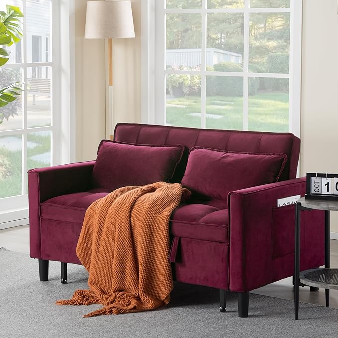 3 in 1 Convertible Sofa Bed, Love Seat Sleeper Bed with Side Pockets, Velvet Fabric Pull Out Couch with Adjustable Backrest for Living Room, Bedroom, Apartment, Purplish-Red