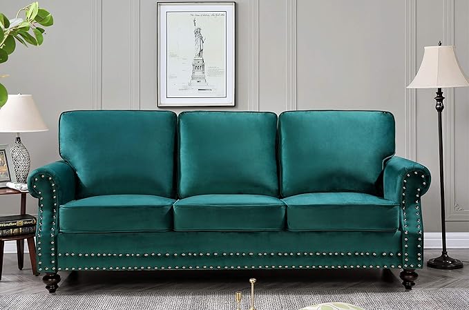Lotus Mid Century Modern Velvet Upholstered Living Room Rolled Arms, Chair, Loveseat and Sofa, Green