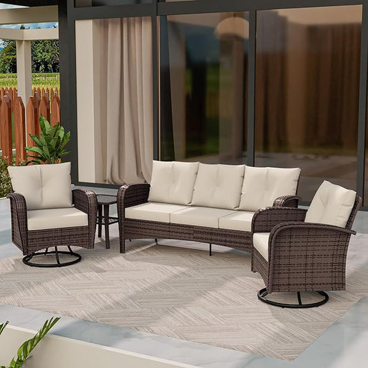 4 Piece Patio Conversation Set - 2 Swivel Chairs 1 Coffee Table 3-Seater Sofa, PE Wicker & Steel Patio Furniture with Heavy-Duty Steel Frame,Weatherproof Cushions, Beige