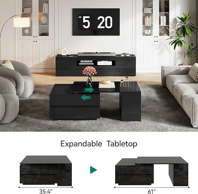 YITAHOME LED Coffee Table with Storage 4 Drawers, Modern Coffee Tables for Living Room, Wooden Rectangle Extendable Center Table with Open Shelves & Sliding Tabletop 35"- 61" for Home Office, Black