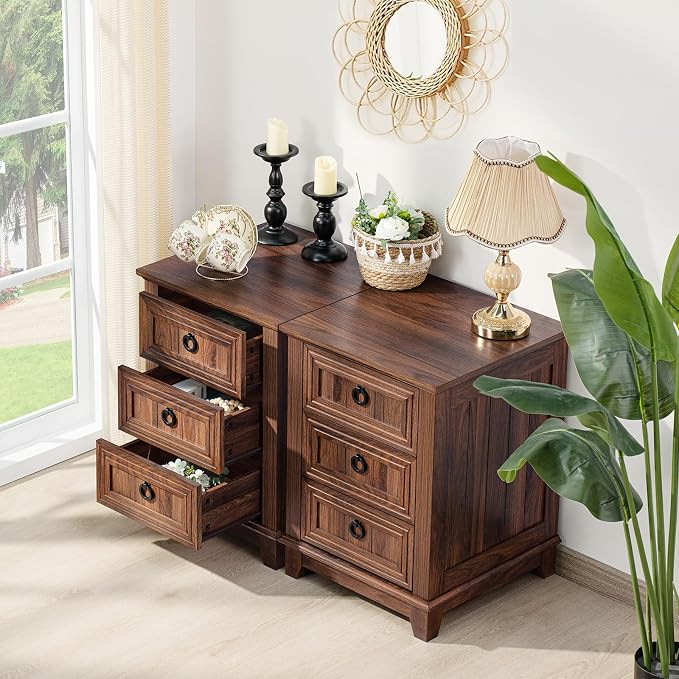 Joaxswe Farmhouse Nightstand Set of 2, 18 Inch End Table with 3 Drawer Metal Handle, Dresser for Bedroom, Sofa Bed Side Table Chest of Drawers,Wood Night Stand Cabinet for Organizer, Living Room-Brown - Image 2