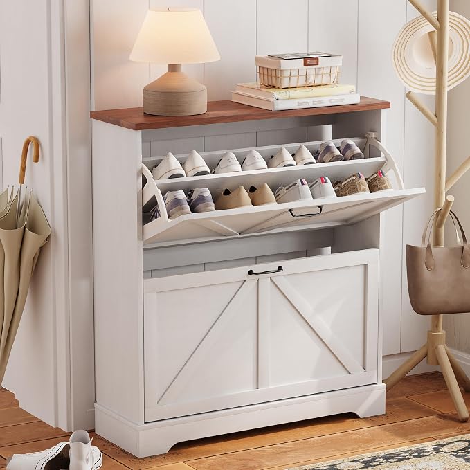 Semiocthome Farmhouse Shoe Storage Cabinet with 2 Flip Drawers, 31.5"(W) Freestanding Shoe Organizer with Barn Door and Metal Handles for Entryway, Rustic Narrow Slim Shoe Rack Cabinet - White - Image 4