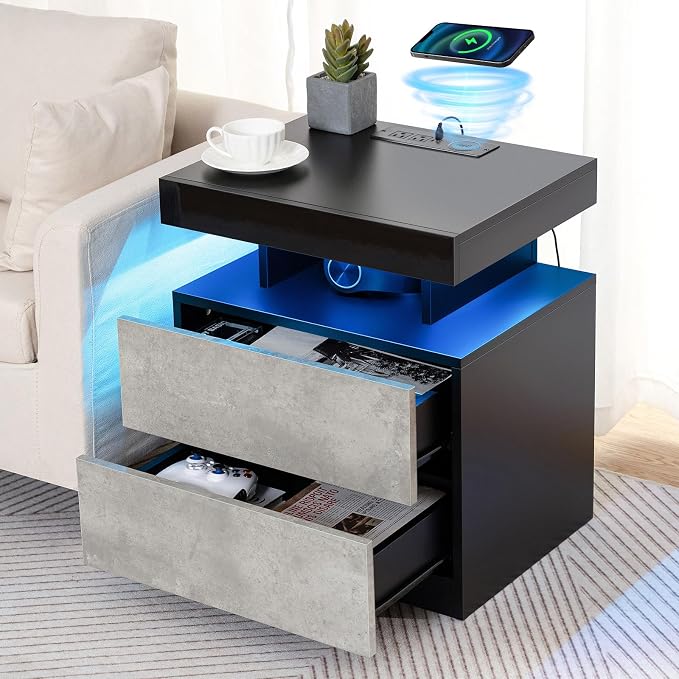 HOMMPA LED Nightstand with Wireless Charging Station & USB Ports High Gloss Bedside Table with LED Light RGB Adjustable Brightness Smart Nightstand 2 Drawers Night Stand for Bedroom Grey by Hommpa
