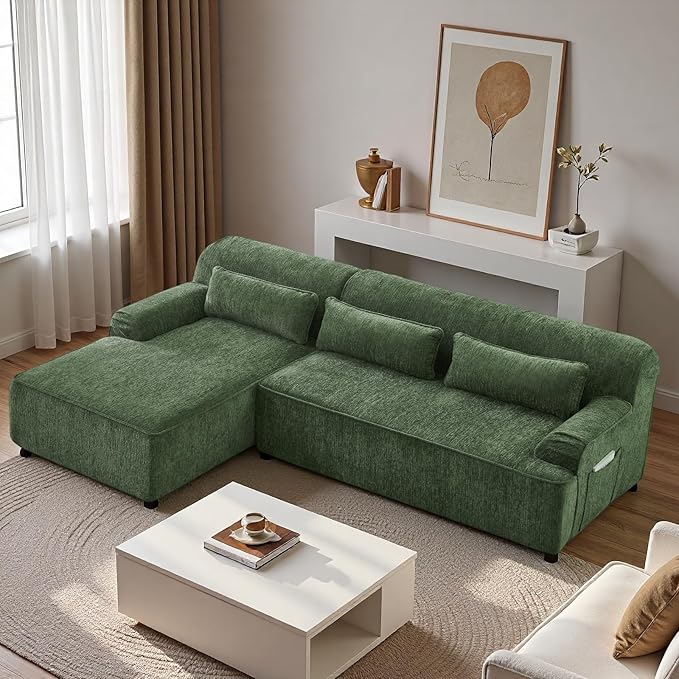 L-Shaped Sectional Sofa, Luxury Upholstered Chenille 3-Seater Sofa with Left Chaise Lounge & 3 Lumbar Pillows, Modern Comfy Oversized Couch with Side Pocket for Living Room, Apartment, Green