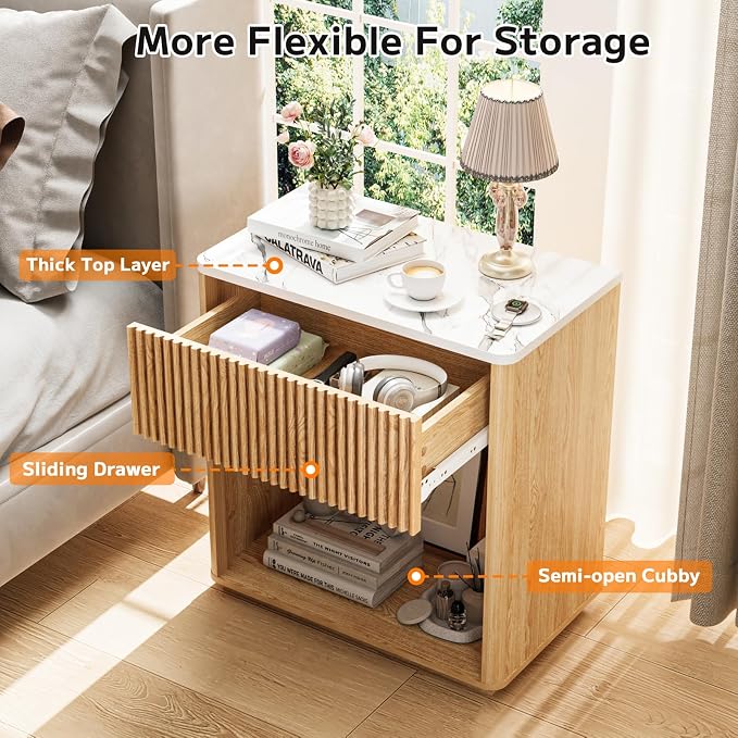 Modern Fluted Nightstand Set of 2 for Bedroom, Mid Century Bedside Table Set with Marble Top & Drawer, Wood End Table, 2 Farmhouse Night Stands for Guest Room, Hallway, Oak - Image 6