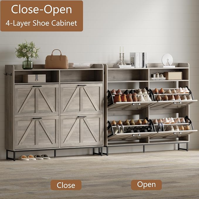 Shoe Cabinet with 4 Flip Drawers, Freestanding Hidden Shoe Storage Organizer for Entryway, Narrow Slim Shoe Rack Cabinet with Open Storage & Hooks for Front Door Entrance, Living Room, Hallway, Grey - Image 3