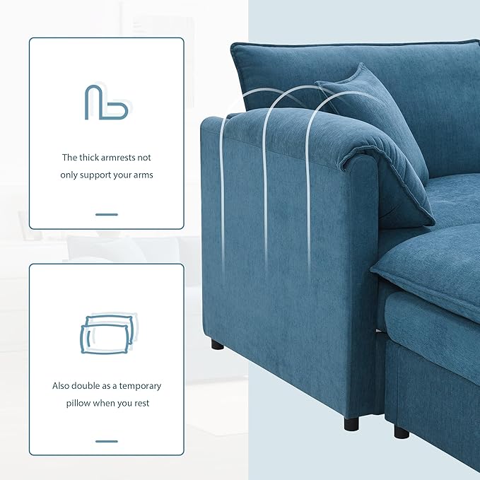 Merax 136" U-Shaped Chenille Modular Sectional Sofa, Oversized Cloud Couch Set with Double Cushions, 6-Seat with Movable Ottomans, Deep & Wide Seating, Blue