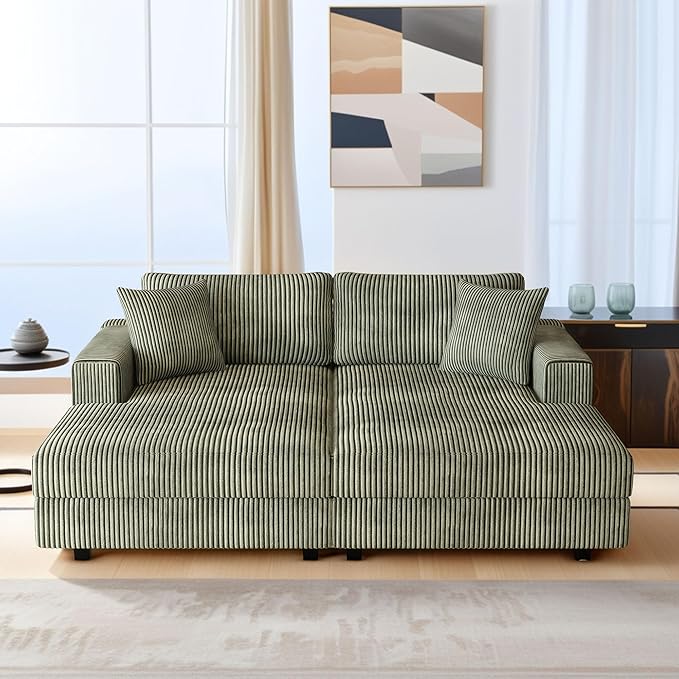 69-inch Oversized Chaise Recliner Lounge Deep Seat Upholstered Sleeper Daybed with 4 Pillows,Soft Corduroy Loveseat Double Chaise Sofa Couch Extra Wide Sleeper Chair Sofabed for Living Room Bedroom
