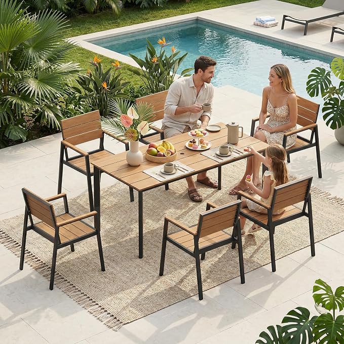 Outdoor Dining Set, Patio Table and Chairs Set with Umbrella Hole, 7 Pieces HDPS + Aluminum Patio Dining Furniture Set for Backyard, Garden (Gray & Teak) - Image 6